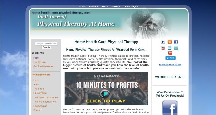 This screenshot of the home page for Home Health Physical Therapy has a blue sky background along with a main section with a blue navigation bar, a teal header section with a black and white photo of an aging couple, and black text describing home physical therapy options, with a video play box inserted in the center.