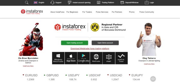 This screenshot of the home page for InstaForex has a dark header above a white main section with black text, a photo on the left side of the page of a biathlon champion and a photo on the right side of the page of an ultimate fighter, with call to action buttons in green and black in the center of the page and a row of currencies on the bottom of the page.