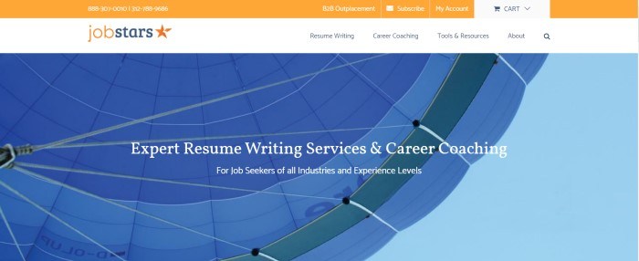 This screenshot of the home page for JobStars has an orange header, a white navigation bar with an orange and blue logo, and a large photo showing what looks like the inside of a blue hot air balloon, along with white text inviting customers to use the resume writing and career coaching services.