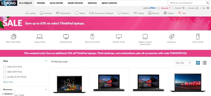 This screenshot of the home page for Lenevo has a gray background and navigation bar, along with two pink bars announcing sales on laptops, as well as a row of small images of open laptops.