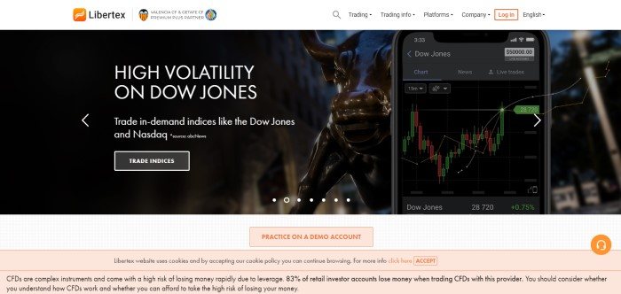 This screenshot of the home page for Libertex has a white navigation bar above a dark filtered photo showing a statue of a bull and a Dow Jones reading on a mobile device, next to white wording announcing high market volatility and a white call to action button.