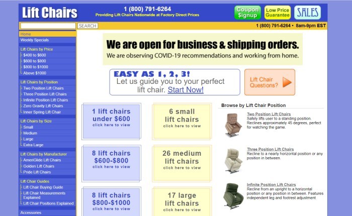 This screenshot of the home page for Lift Chairs has a blue background with yellow elements, a blue side menu with white text, and a white main section showing a column of blue text windows, a column of yellow text windows, and a column of black text with images of separate lift chairs for sale.