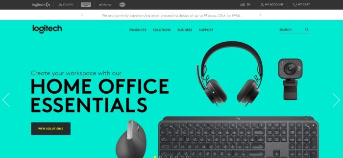 This screenshot of the home page for Logitech has a black and white header above an aqua-colored main section with black text inviting people to create their home office workspace with Logitech products, along with overlaying images of a Logitech headset, keyboard, camera, and mouse.