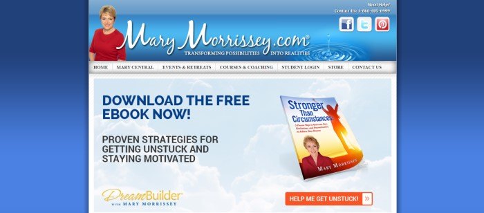 This screenshot of the home page for Mary Morrissey has a dark blue background, a blue header with white lettering and a photo of a smiling woman with short blonde hair and a red shirt, a gray navigation bar, and a main section with a blue-sky background and text in blue and black announcing an e-book, along with a photo of the book and an orange call to action button.