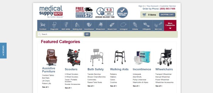 This screenshot of the home page for Medical Supply Depot has a gray background, a white central background with a blue navigation bar, and a selection of featured categories to shop from with small photos of sample products for each category.