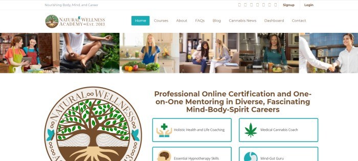 This screenshot of the home page for Natural Wellness Academy has a white header and navigation bar above a row of photos showing healthy lifestyles such as yoga and cooking with vegetables, above a white main section with a large logo and an invitation to get certified online in several areas, including as a holistic health and life coach.