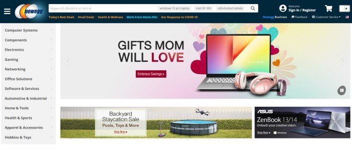 This screenshot of the home page for New Egg has a dark header with a white search bar above a gray background main section, with a category menu on the left side of the page and black text in the main section announcing gifts for Mom, including a photo of a laptop with a pink headset in front of a background of multicolored hearts, as well as a photo of a backyard with a child's scooter, a swimming pool on a green lawn, and a drone flying by a white picket fence.