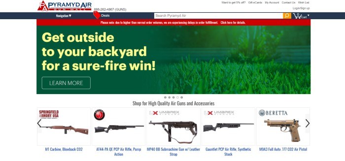 This screenshot of the home page for Pyramyd Air has a red and blue header with a search bar above a green midsection showing a lawn, with text in yellow inviting people to go outside, and a row of guns in a white section at the bottom of the page.