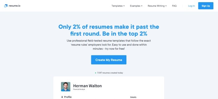 This screenshot of the home page for Resume.io has a white navigation bar above a light gray main section with blue and black text inviting customers to use the resume service, along with a blue call to action button.