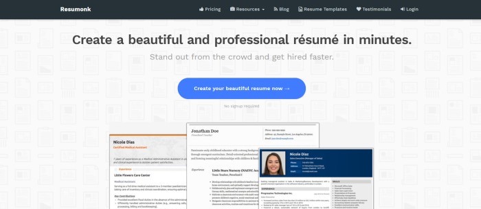 This screenshot of the home page for Resumonk has a black navigation bar above a gray main section with a blue call to action button and black text announcing the resume services, above a set of three samples of resumes created with this company.