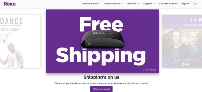 This screenshot of the home page for Roku has a white navigation bar with purple text above a set of sliders, with a central purple slicer image with a photo of a Roku device and white text announcing free shipping on Roku devices, above a white section with black text and a purple call to action button.