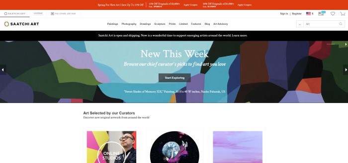 This screenshot of the home page for Saatchi Art has an orange header, a white navigation bar, a black information bar, a call to action section with white text and a geometric painting in blue, black, purple, and green, above a row of photos showing art curated from around the world.