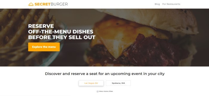 This screenshot of the home page for SecretBurger has a white header and white text laid over a photo of a cheeseburger, above a white section with black text announcing the ability to reserve meals and call to action buttons for nearby cities.