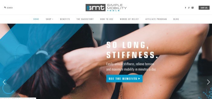 This screenshot of the home page for Simple Mobility Tools has a white header and navigation bar above a photo of a dark-haired woman doing crunches, along with white text announcing the ability to maximize mobility and a blue call to action button.