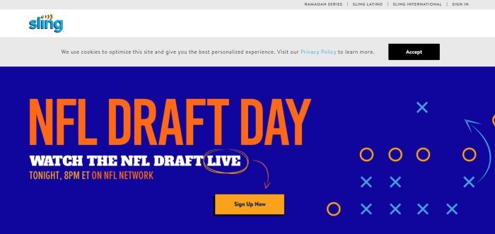 This screenshot of the home page for Sling has a white and gray header above a blue main section with orange and white text inviting customers to watch the NFL draft on Sling.