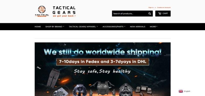 This screenshot for the homepage of Tactical Gears has a white header, a black navigation bar, a white background, and a black middle section that includes photos of tactical gear like armor and night vision goggles, as well as text in blue and white announcing worldwide shipping.