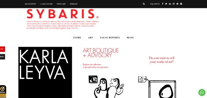 This screenshot of the home page for The Sybaris Collection has a black header, a white background, and red text describing Sybaris above a menu in black lettering, a black text box with white lettering announcing Karla Leyfa, red lettering in the center of the page announcing an art boutique and advisory, and red lettering on the right side of the page inviting artists to sell their work, above black graphics showing two people looking at an art exhibit and a painting with a price tag.