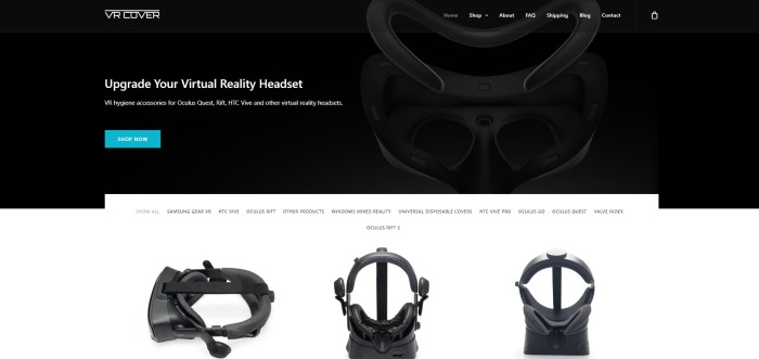 This screenshot of the home page for VR Cover has a black background with a faint image of a virtual reality headset and a blue call to action button, along with white text inviting people to upgrade their virtual reality headsets.