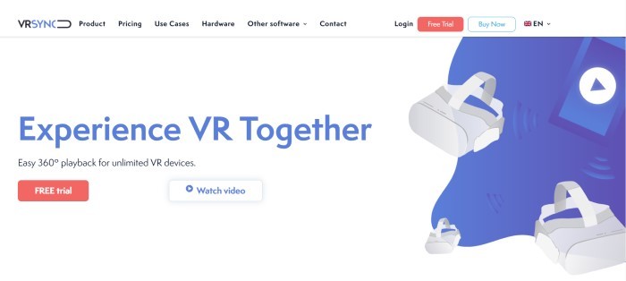 This screenshot of the home page for VR Sync has a white navigation bar and main section with an orange call to action button, and the main section has a graphic of a white virtual reality viewer next to blue text inviting customers to experience VR together.