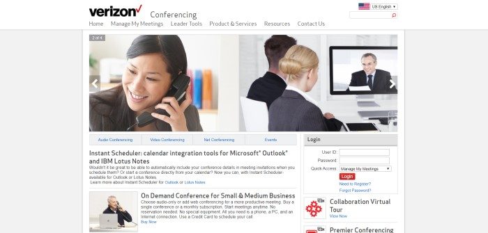 This screenshot of the home page of Verizon Conferencing has a white navigation bar with black text above two images showing a smiling woman on a phone and an image of a man and a woman in business suits talking with another businessman on a computer screen, above black text describing different Verizon Conferencing features, and a log-in box on the right side of the page.