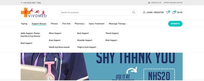 This screenshot of the home page for Vivomed has a gray header, a white search bar, a white navigation bar with a drop-down menu for sports braces, and a photo of the shoulder of a medical worker in blue scrubs holding a light-colored tablet, with a teal and blue section in the background inviting customers to say thank you.