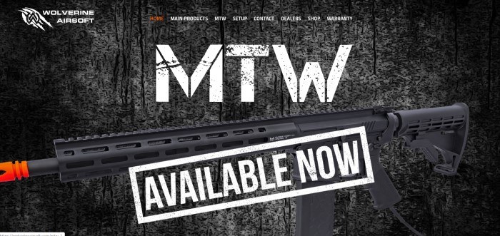 This screenshot of the home page for Wolverine Airsoft has a transparent navigation bar and white text announcing a MTW gun overlaying a black and white background that looks like the bark of a tree.