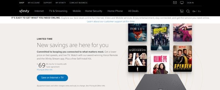 This screenshot of the home page for Xfinity has a black navigation bar with white text above a whtie information bar and a beige main section that contains a black text window announcing savings on the left side of the page and images of movie covers on the right side of the page, along with a blue call to action button.