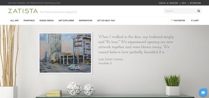 This screenshot of the home page for Zatista has a black header, a white navigation bar, and a large photo of a gray wall featuring cityscape painting, along with a testimonial in black text from a satisfied customer.