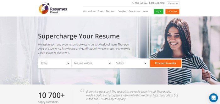 This screenshot of the home page for Resumes Planet has a white navigation bar with an orange and a green call to action button above a photo of a smiling dark-haired woman looking at an open laptop in a room with white walls, next to black text inviting customers to supercharge their resumes, and on ordering bar with an orange call to action button.