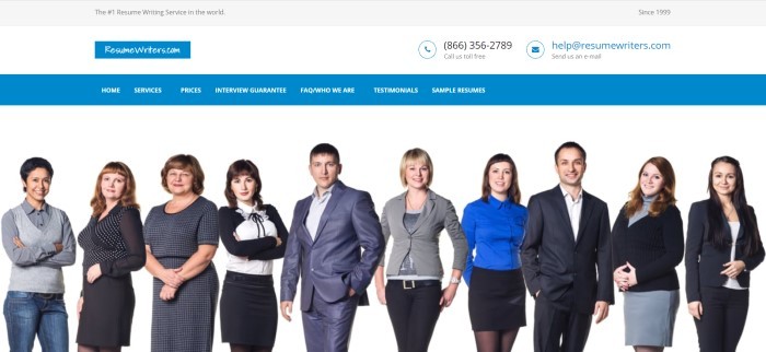 This screenshot of the home page for ResumeWriters.com has a gray header with a blue logo, a blue navigation bar, and a large photo of eight men and women in a variety of business clothing posing in a row in front of a white background.