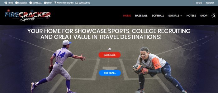 This screenshot of the home page for Firecracker Baseball has a gray primary navigation bar, a black secondary navigation bar, and a photo showing a man in a white and blue softball uniform and a woman in orange, white, and yellow with a black and orange catcher's mitt as they play softball, along with a red call to action button and a blue call to action button.