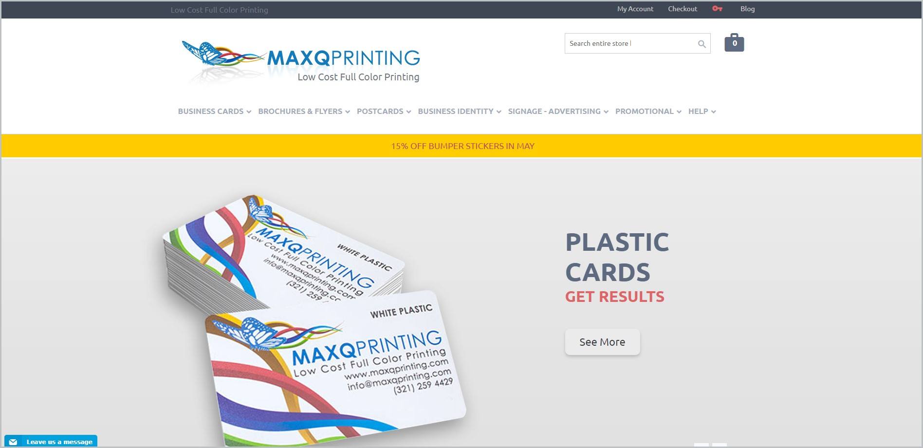 screenshot of Max Q Printing homepage with black announcement bar, white header with the website's name and main navigation menu, and featuring a pile of Max Q Printing business cards