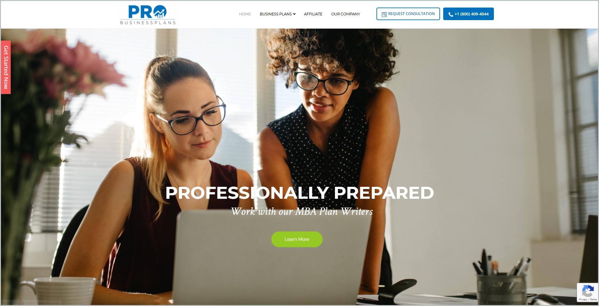 screenshot of Pro Business Plan homepage, with white header with the website's name and main navigation menu, it features an image of two women in an office set up in front of a laptop