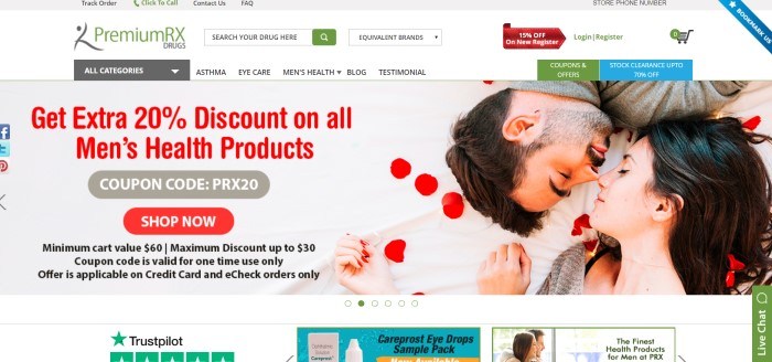 This screenshot of the home page for PremiumRXdrugs has a gray header, a white navigation bar, and a large photo of a dark-haired man and a dark-haired woman lying nose to nose on a white sheet sprinkled with red rose petals next to an advertisement in red and gray for men's health products.