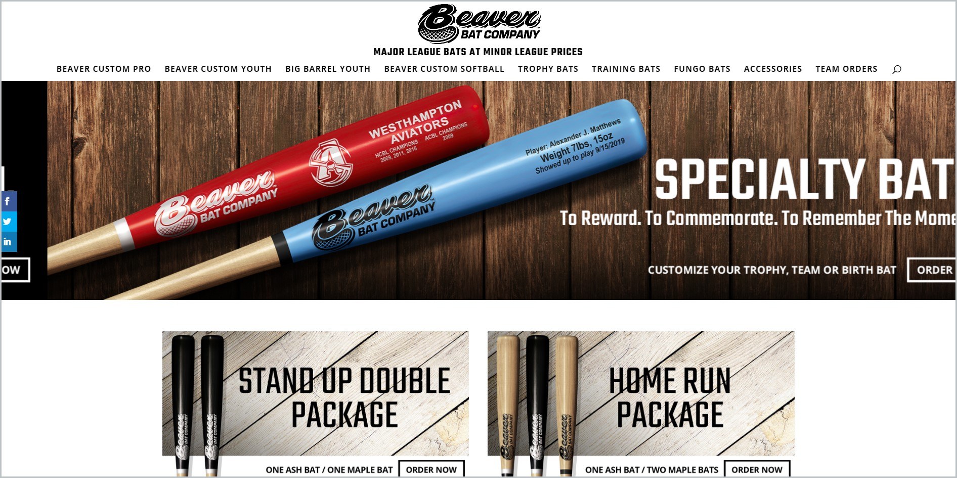 screenshot of The Beaver Bat Company homepage with white header bearing the website's name and main navigation bar, it also features images of a couple of wooden bats