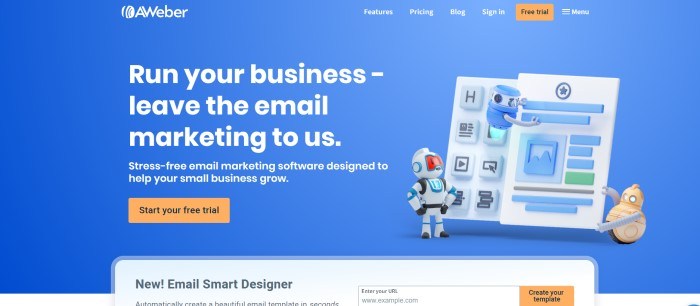 This screenshot for AWeber has a blue background with white text, a graphic of tiny robots working on an email message, an orange call to action button, and a white insert at the bottom of the page announcing the new email Smart Designer.