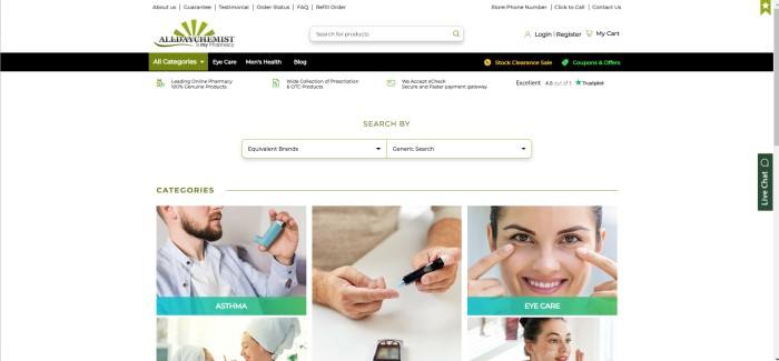 This screenshot of the home page for All Day Chemist has a white header with a primary navigation bar, a black secondary navigation bar, and a white background in the main section with a row of photos with text showing a few categories available, such as a man with an inhaler behind the word 'Asthma,' a photo of a man's hands taking a blood sample for diabetes, and a photo of a smiling woman pointing to her brown eyes behind the words 'Eye care.'