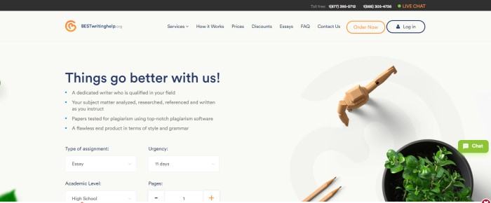 This screenshot of the home page for Best Writing Help has a dark header above a white navigation bar and a white main section with blue and black text on the left side of the page and a photo of two pencils next to a potted plant on the right side of the page.