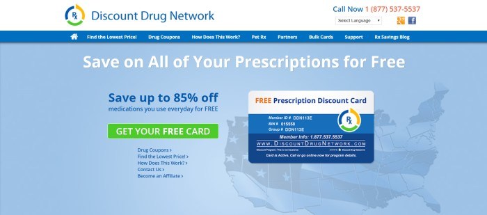 This screenshot of the home page for Discount Drug Network has a white header, a blue navigation bar with white text, and a lighter blue main section with text in white and blue announcing the opportunity to save on prescription drugs, along with an image of a card and a green call to action button.