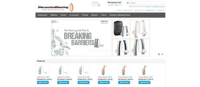 This screenshot of the home page for Discounted Hearing has a white search bar and header, a gray navigation bar, and several photos showing many models of hearing aids, along with blue call to action buttons and pricing information in blue, black, and red text.