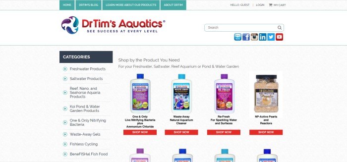 This screenshot of the home page for Dr. Tim's Aquatics has an aqua and white navigation bar above a white search bar and main section, which includes a list of category links on the left side of the page and a few rows of photos showing Dr.Tim's products with orange 'shop now' call to action buttons.