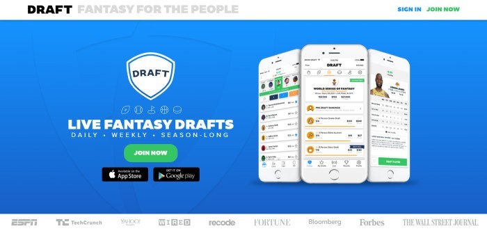 This screenshot of the home page for Draft has a blue background, a photo of three mobile devices showing with images of the app on the screens, a white logo, and white text announcing live fantasy drafts above a green call to action button.