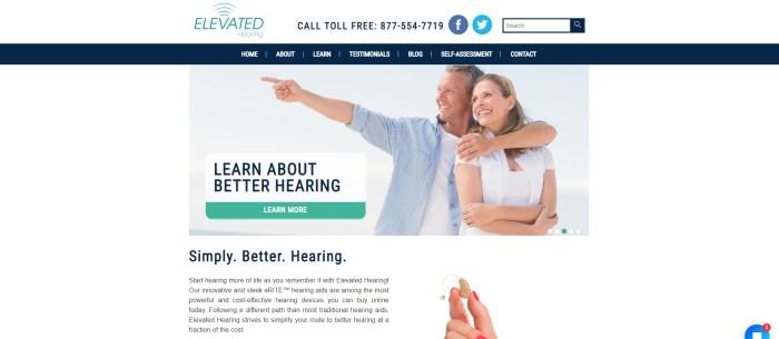 This screenshot of the home page for Elevated Hearing has a white header and search bar, a dark blue navigation bar, and a main section with a white background, a photo of a smiling aging couple in white and blue clothing, a green call to action button, a black text section, and a photo of a hand holding a hearing aid.