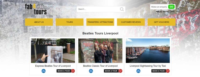 This screenshot of the home page for Fab 4 TaxiTours has a gray background, yellow and black navigation bar, and several photos showing different sites that customers can see on Beatles or Liverpool taxi tours, along with black call to action buttons.