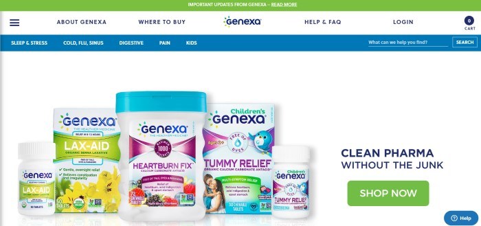 This screenshot of the home page for Genexa has a green header, a white and blue navigation bar, and a white main section with a photo showing a row of Genexa clean medicines in white, purple, green, and blue containers, along with dark blue text and a green call to action button.