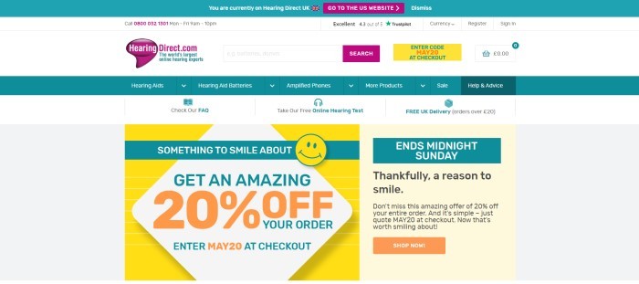 This screenshot of the home page for HearingDirect.com has an aqua header, a white search bar with a magenta call to action button, an aqua navigation bar, a secondary white navigation bar, a yellow and aqua sales section on the left side of the page with aqua and orange text, and a yellow and aqua sales section with black text on the right side of the page with an orange call to action button.