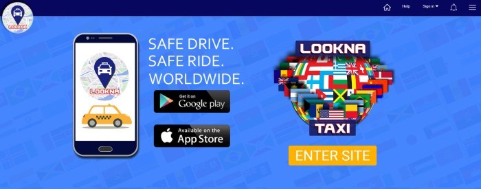 This screenshot of the home page for Lookna Taxi has a dark blue header, a medium blue background, a photo of a mobile device with the Lookna Taxi app loaded, white txt, two Lookna Taxi graphics in varying colors, two small black announcements for app stores carrying the app, and a yellow call to action button.