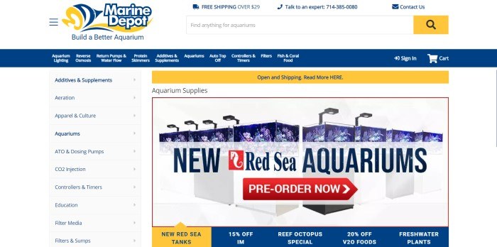 This screenshot of the home page for Marine Depot has a white background and header, with dark blue and yellow elements such as sales bars throughout the page, as well as a photo showing a row of Red Sea aquariums with a red call-to-action button.