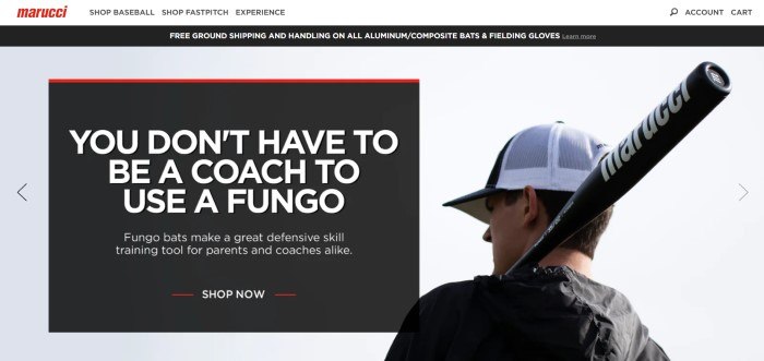 This screenshot of the home page for Marucci has a black header, a white main section, a black text section with white text and red elements, and a photo of the back of a man in a black shirt and a white and black hat, holding a black and white bat over his shoulder.