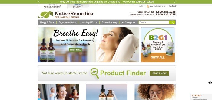 This screenshot of the home page for Native Remedies has a green sales bar above a page with a white background, a gray navigation and search bar, an announcement for essential oils that includes a photo of a smiling woman with her eyes closed, a sales announcement with an orange and blue background, and a row of photos indicating different products sold here.